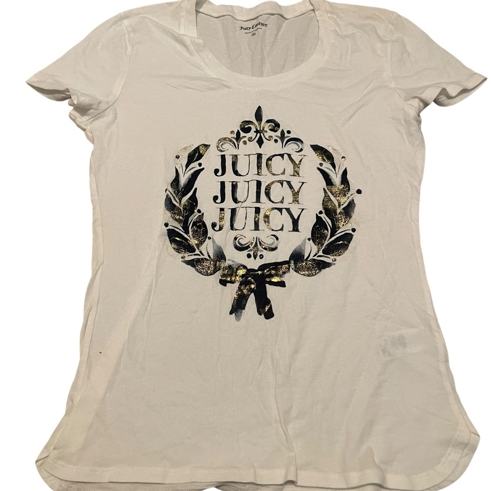 Vintage Juicy Couture White Short-Sleeve Logo Tee with Metallic Accents